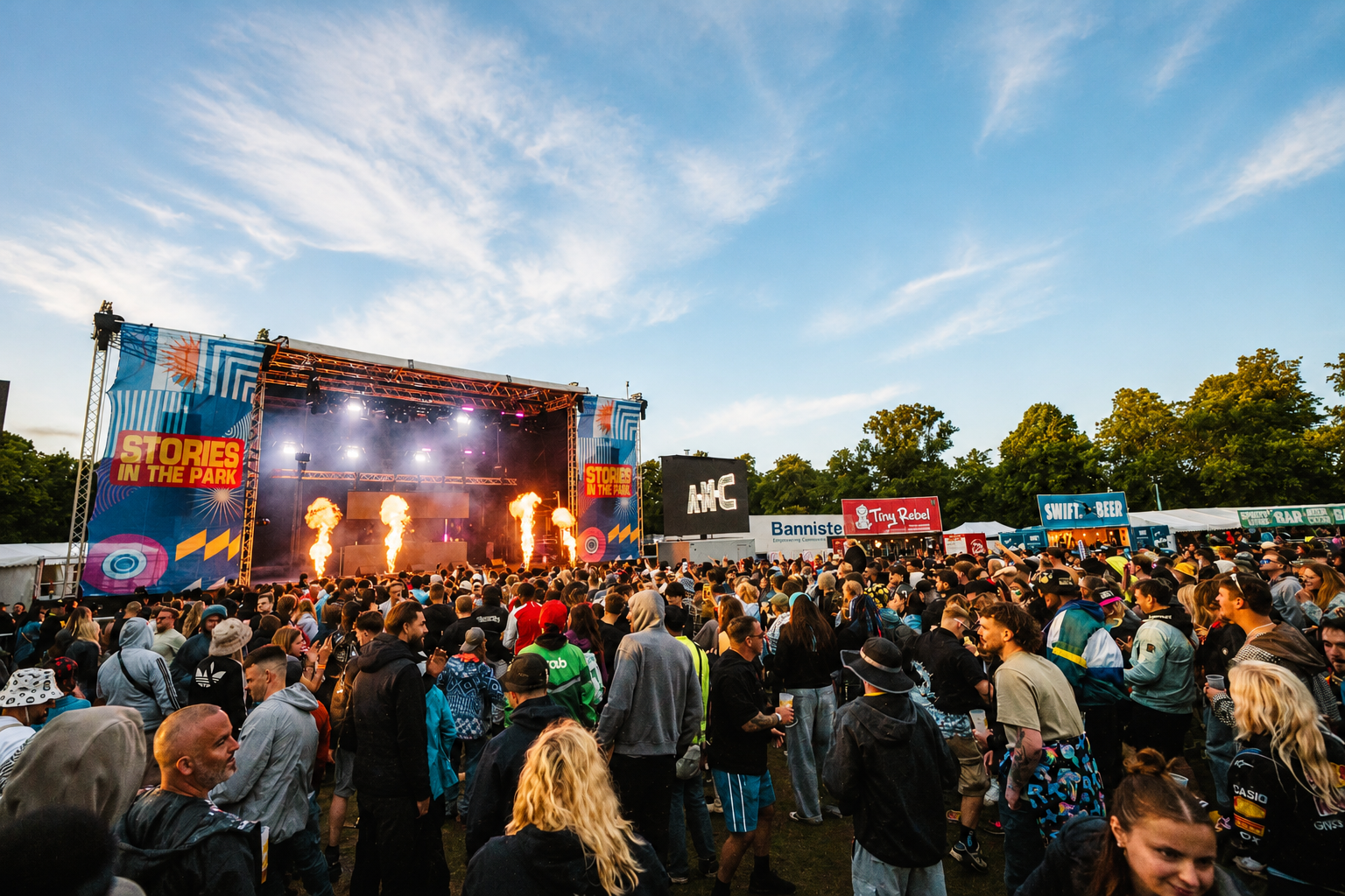 Crowd watching the main stage at Stories in the Park festival in Reading
